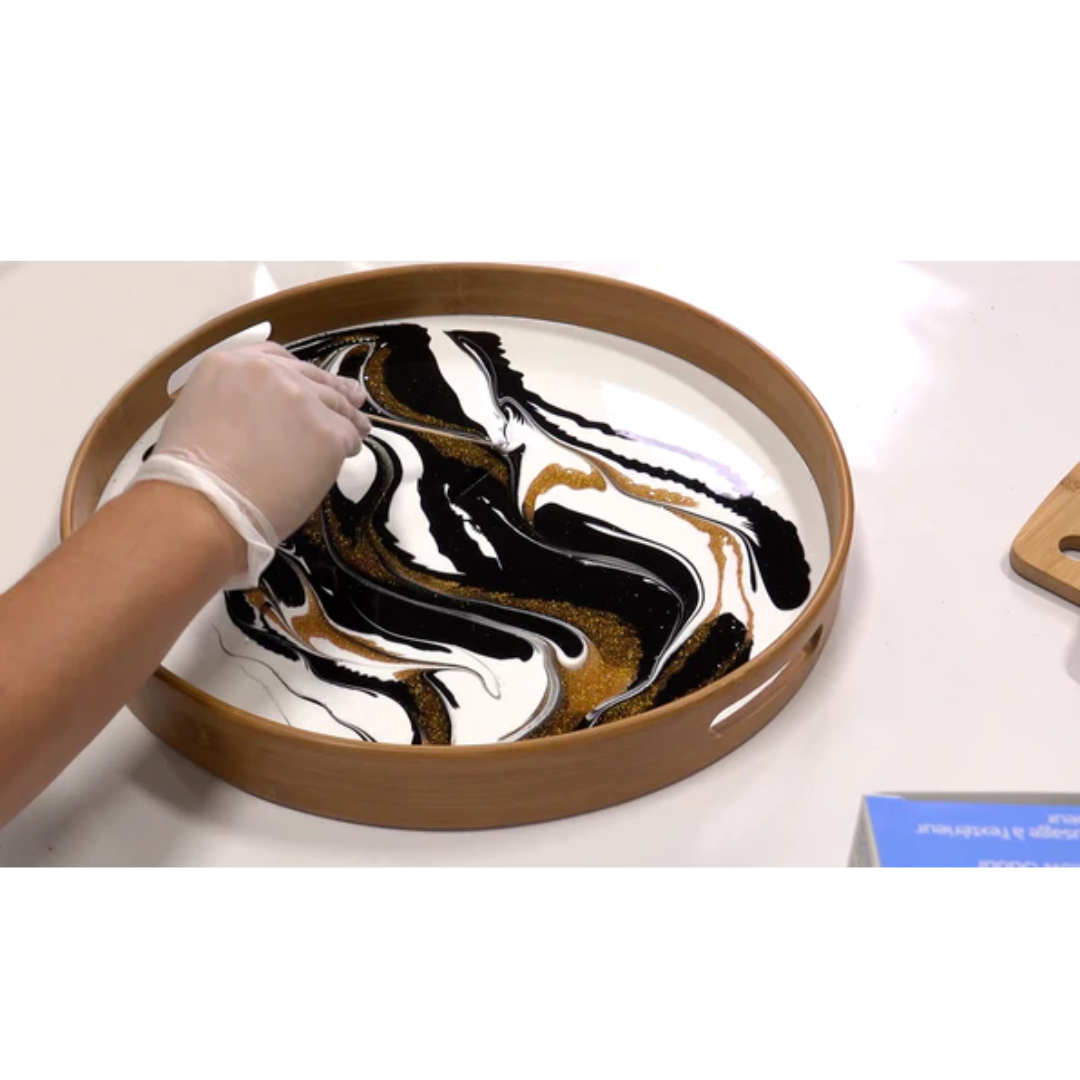 Ecopoxy Polyester Color Glitters applied in multi-color resin pour for vivid visual effects.