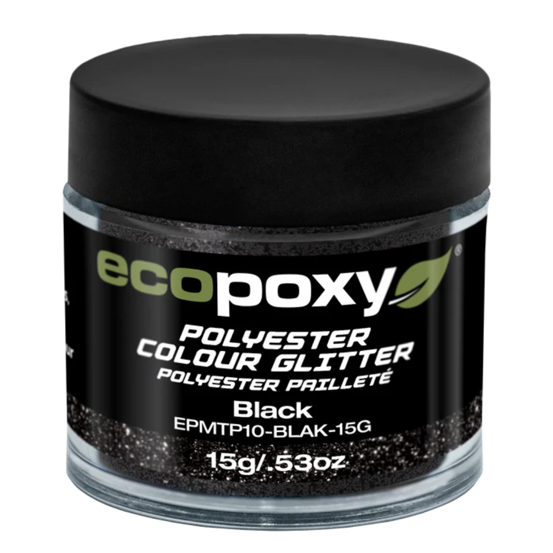Ecopoxy Polyester Color Glitters black jar container showing product packaging and branding.