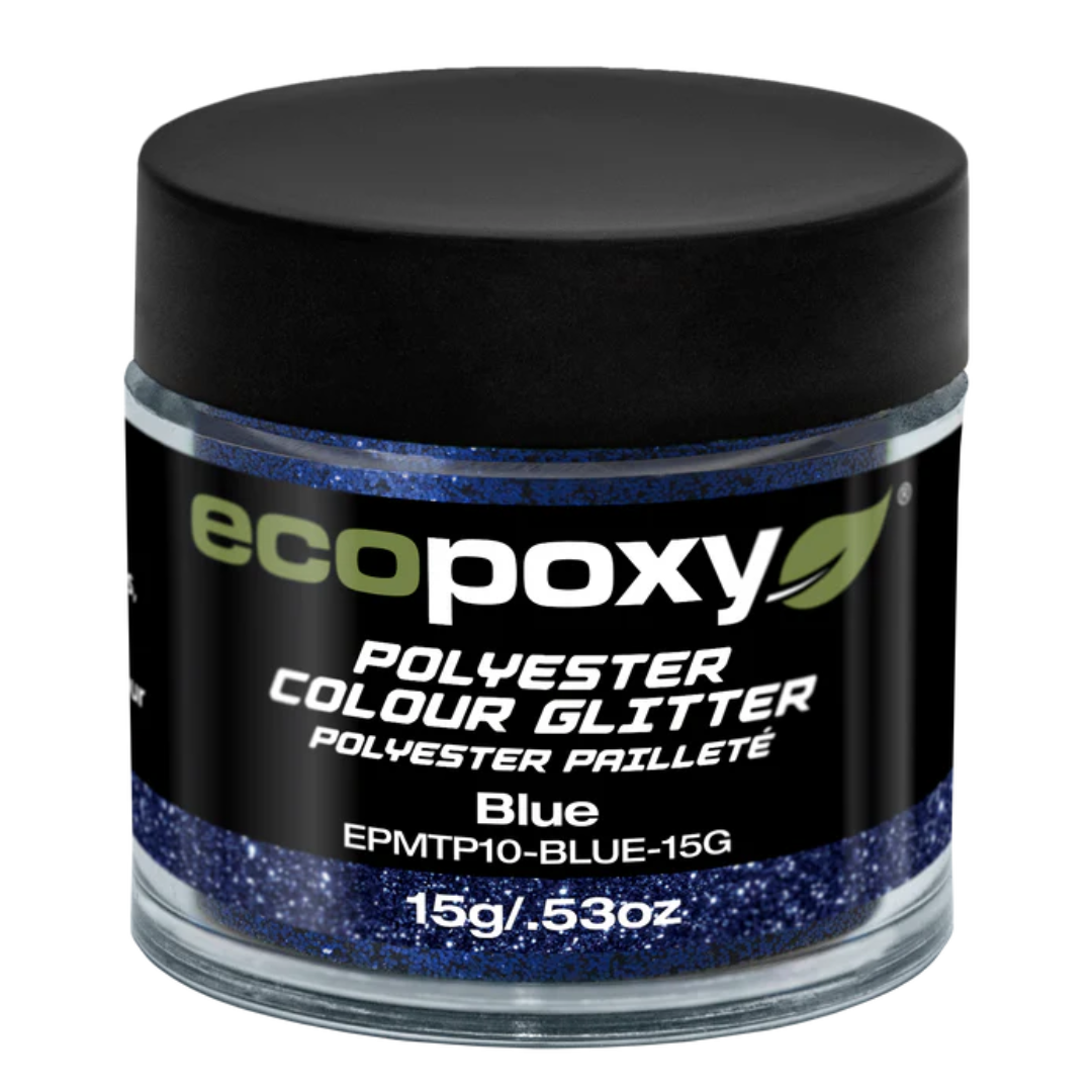Ecopoxy Polyester Color Glitters blue variant jar for cool-toned epoxy finishes.