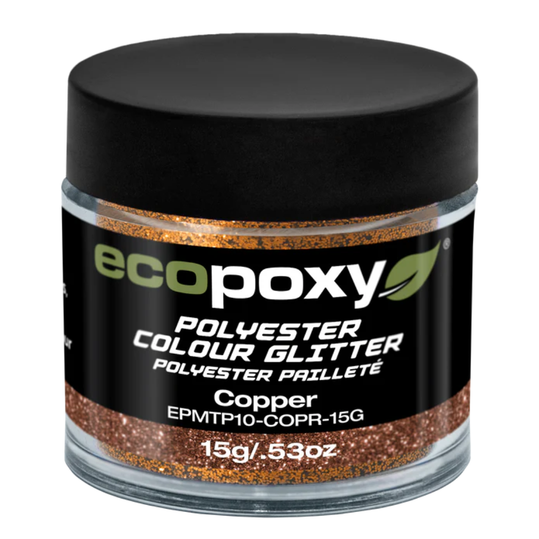 Ecopoxy Polyester Color Glitters copper variant jar for warm metallic finishes.