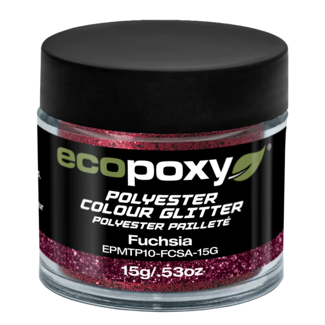 Ecopoxy Polyester Color Glitters fuschia variant jar for vibrant natural tones.