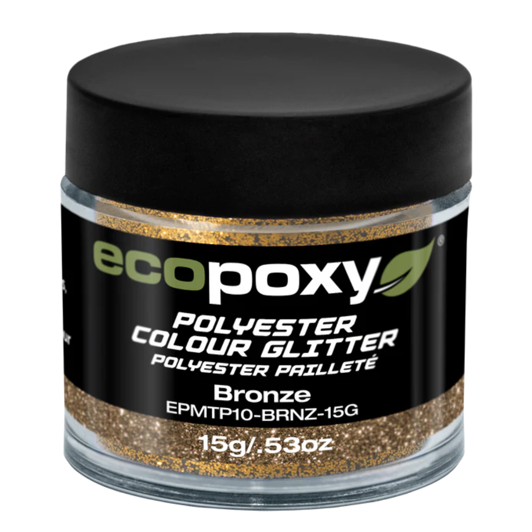 Ecopoxy Polyester Color Glitters gold variant jar for metallic sparkle effects.