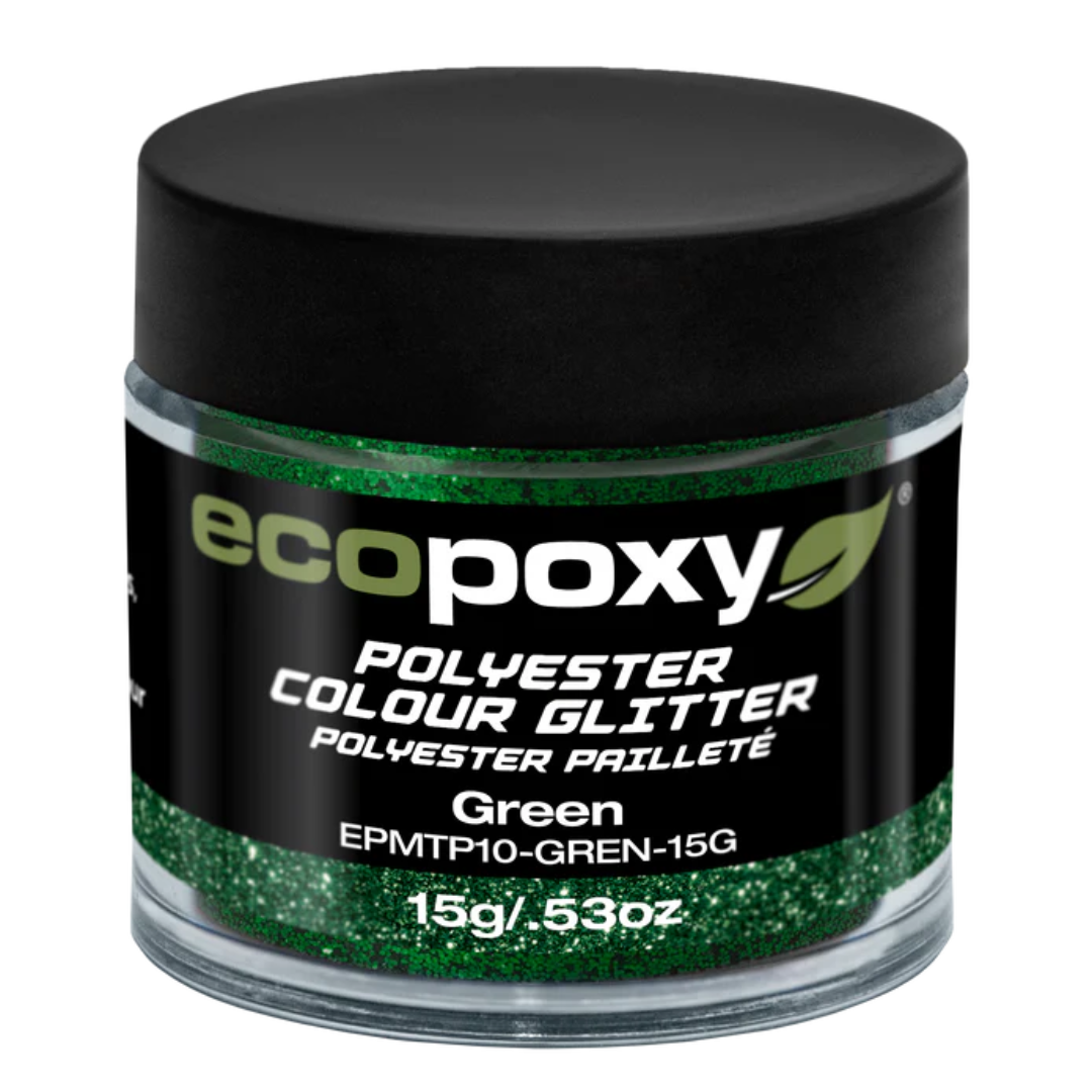 Ecopoxy Polyester Color Glitters green variant jar for vibrant natural tones.