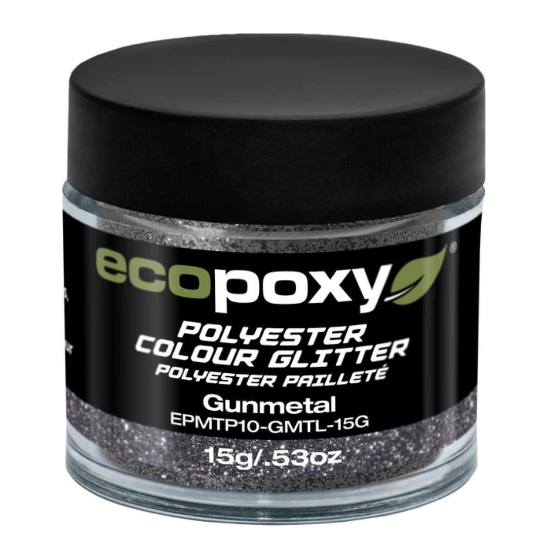 Ecopoxy Polyester Color Glitters gunmetal variant jar for vibrant natural tones.