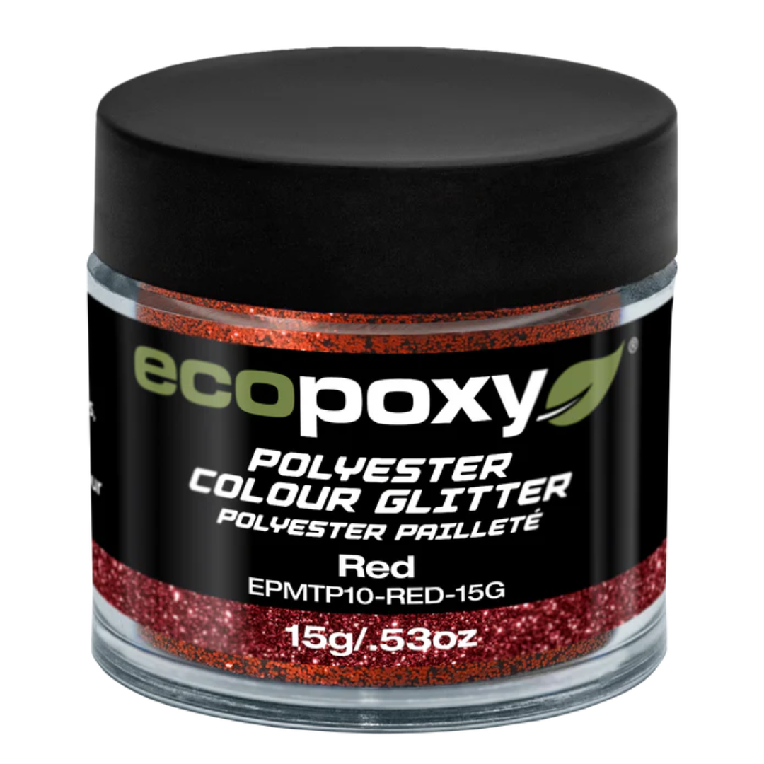 Ecopoxy Polyester Color Glitters red variant jar for vibrant natural tones.