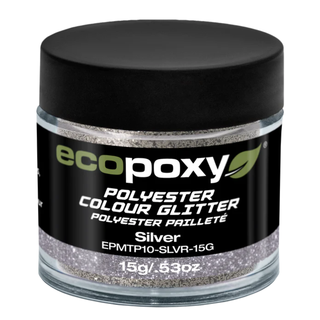 Ecopoxy Polyester Color Glitters silver variant jar for vibrant natural tones.