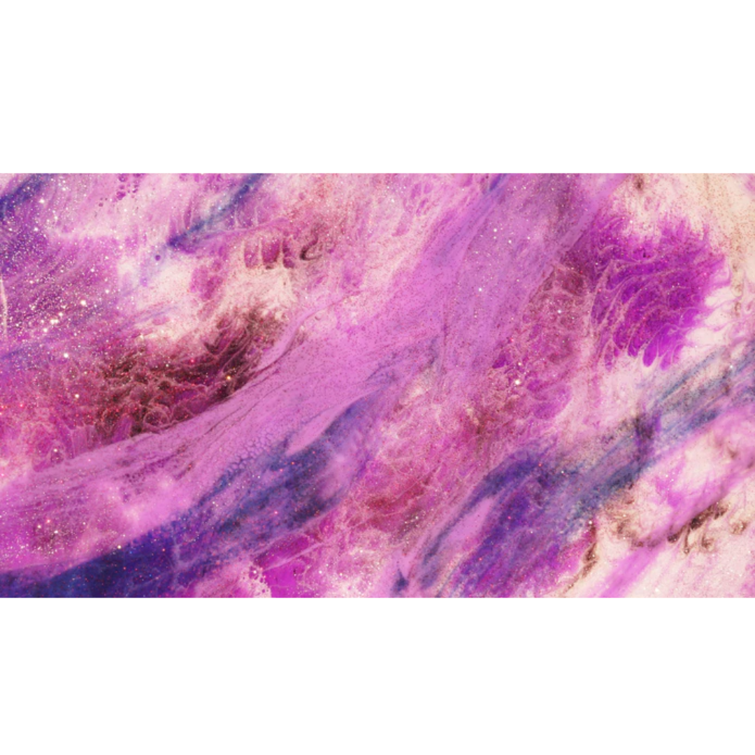Ecopoxy Polyester Color Glitters used in artistic epoxy project displaying vibrant pink and purple effects.