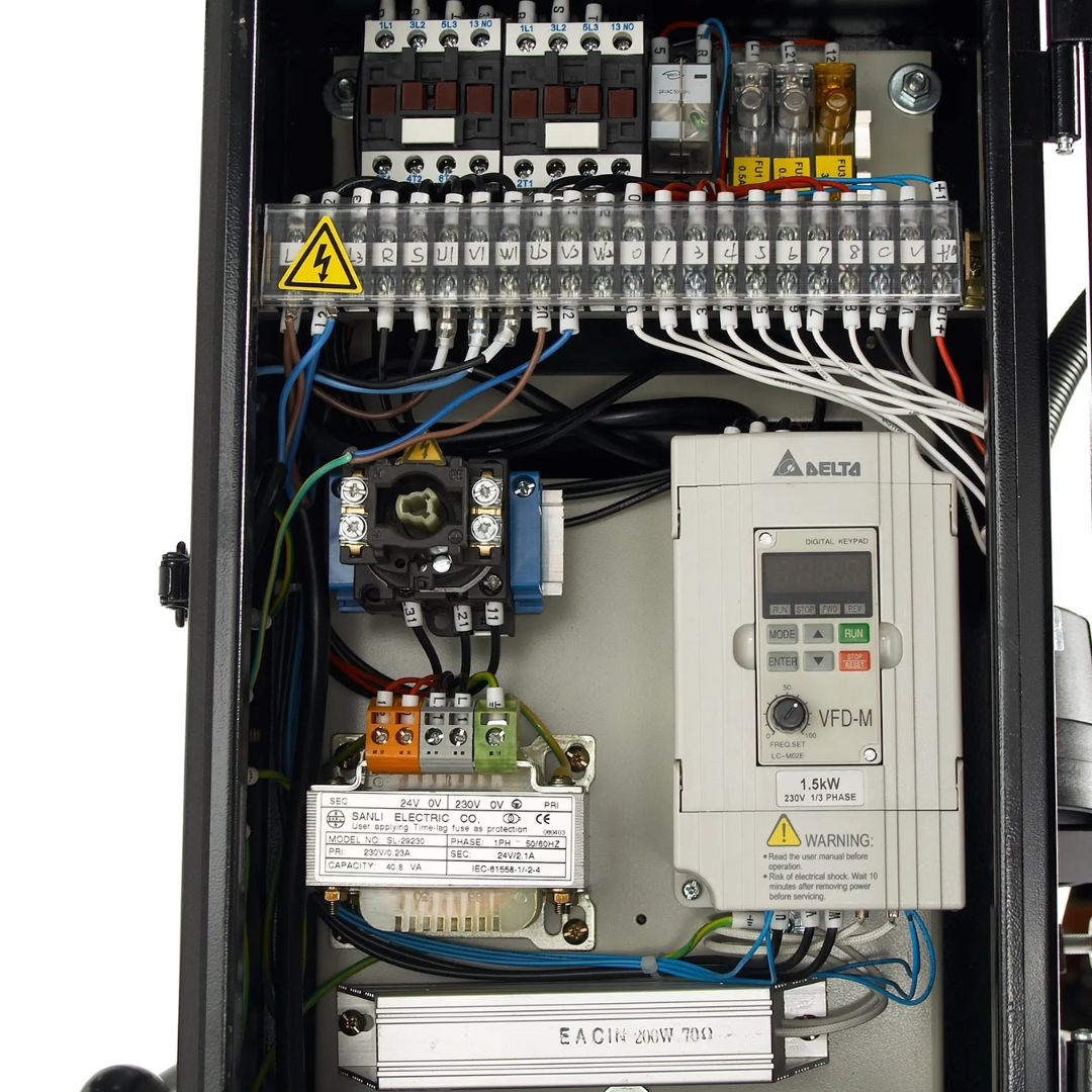 Electrical cabinet interior of the Baileigh 16-Inch Variable-Speed Drill Press, 220V 1Ph (DP-1000VS) 1002862 displaying organized industrial-grade electrical components and controls.