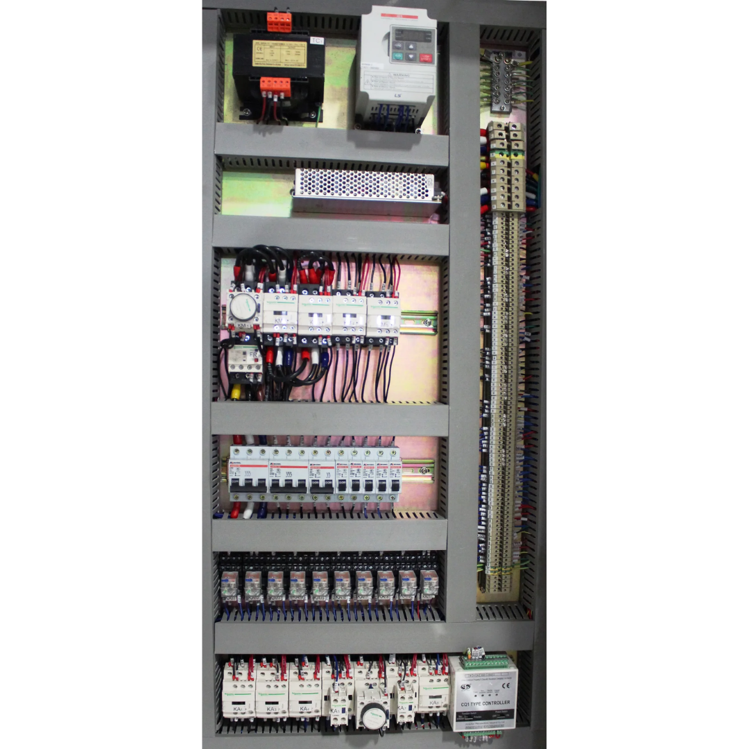 Electrical control cabinet of Baileigh 179-Ton Hydraulic Press Brake BP-17913CNC 1000789 featuring industrial electrical components, hydraulic controls, and machine automation systems.
