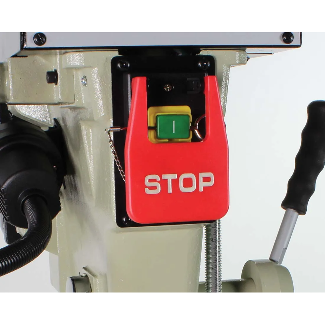 Emergency stop control and operating switch detail on the Baileigh Drill Press (DP-15VSF) 1002989 ensuring safe and efficient machine operation in industrial environments.