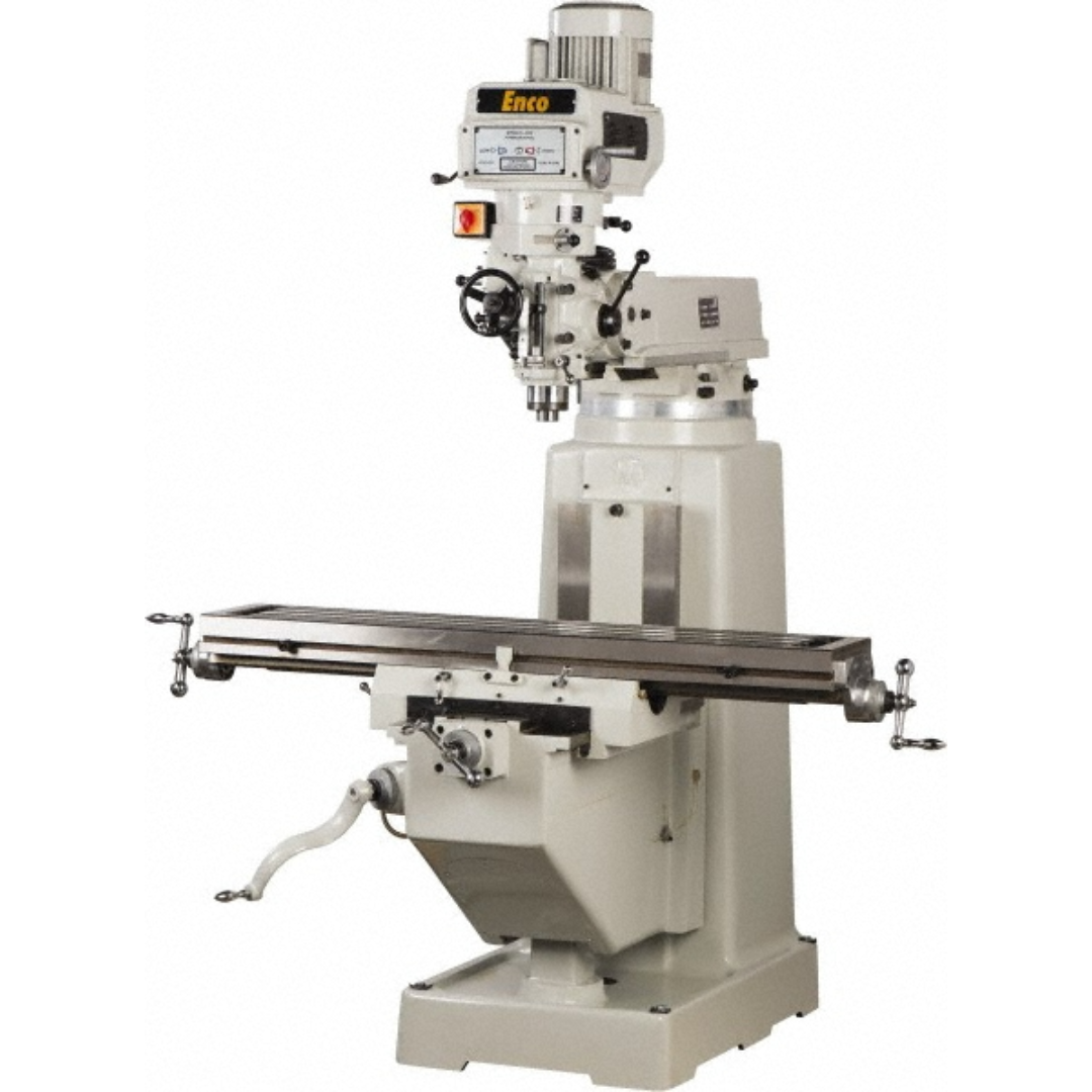 Enco 10 x 54" Knee Milling Machine: 3.00 hp, Variable Speed Pulley, Three Phase 1054-PH3-E front angled view featuring the precision vertical milling machine, 10" × 54" work table, variable speed pulley head, knee-style construction, and heavy-duty industrial base for professional machining applications.