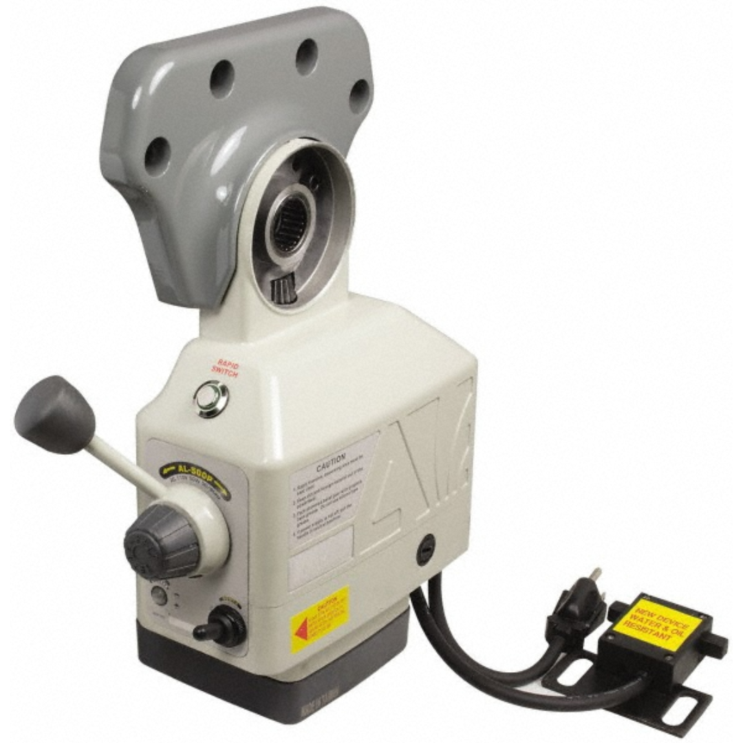 Enco 10 x 54" Knee Milling Machine: 3.00 hp, Variable Speed Pulley, Three Phase 5012958/4104673 close-up of the power feed assembly with control box, mounting hardware, and industrial construction.