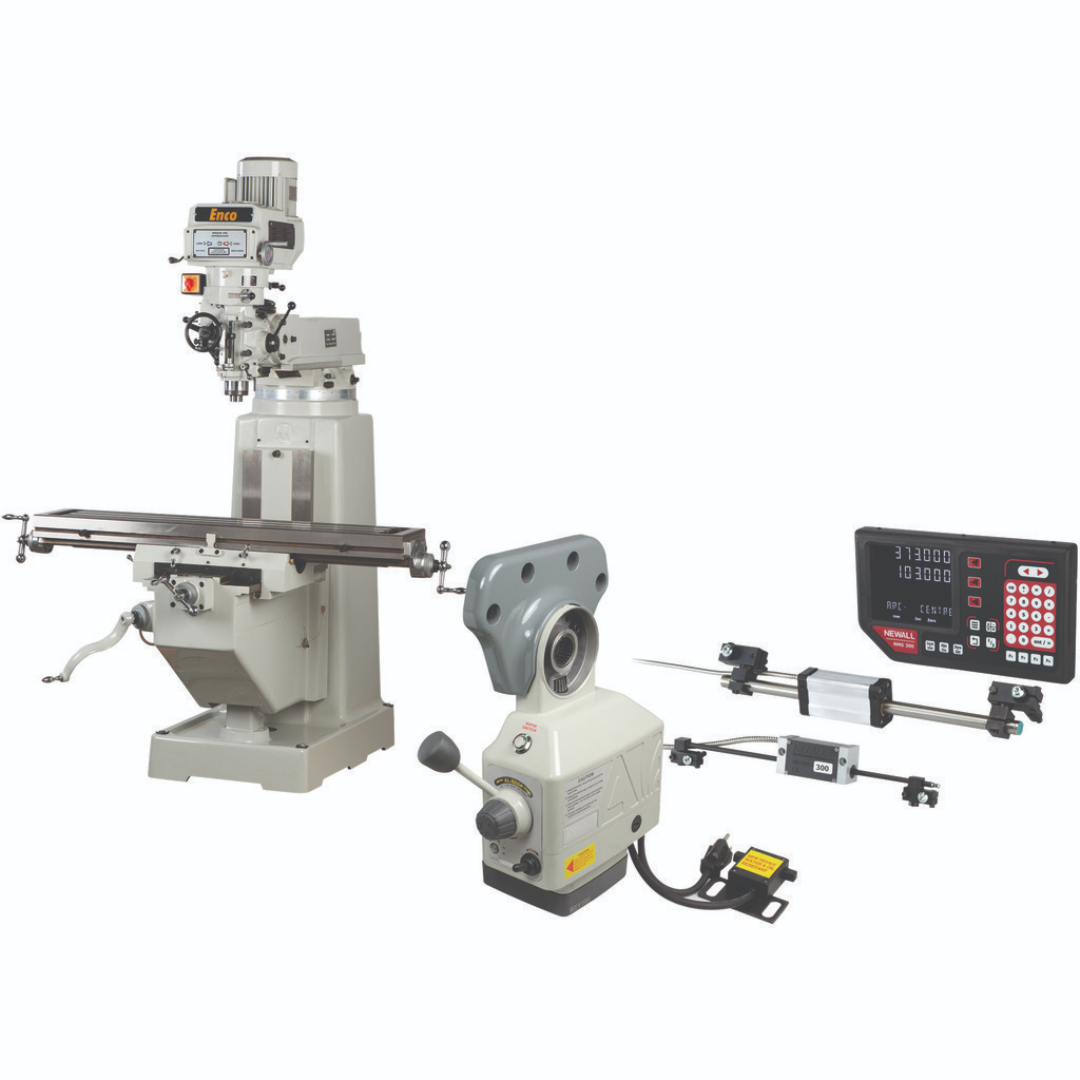 Enco 10 x 54" Knee Milling Machine: 3.00 hp, Variable Speed Pulley, Three Phase 5012958/4104673 package view showing the industrial knee milling machine with power feed unit, digital readout (DRO) system, and installation accessories for precision machining applications.