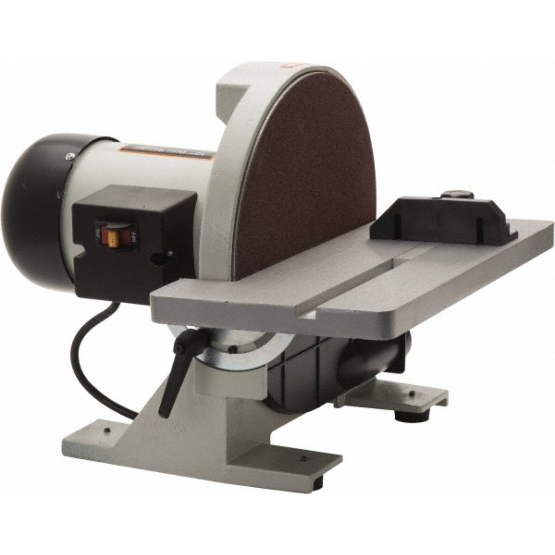Enco 12" Dia, 1,700 RPM, Single Phase Disc Sanding Machines DS-B front angled view featuring the 12-inch sanding disc, precision work table with miter gauge, heavy-duty benchtop construction, and industrial disc sanding design for grinding, deburring, and finishing applications.
