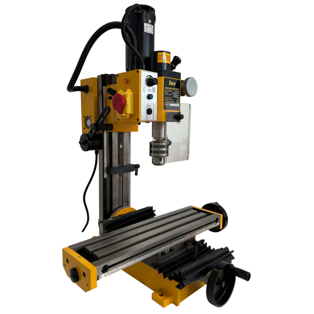 Enco 18" X 5" Compact Milling Drilling Machine, Various Speed, 110V X2 angled front view highlighting the adjustable milling head, X-Y table, and precision drilling controls.