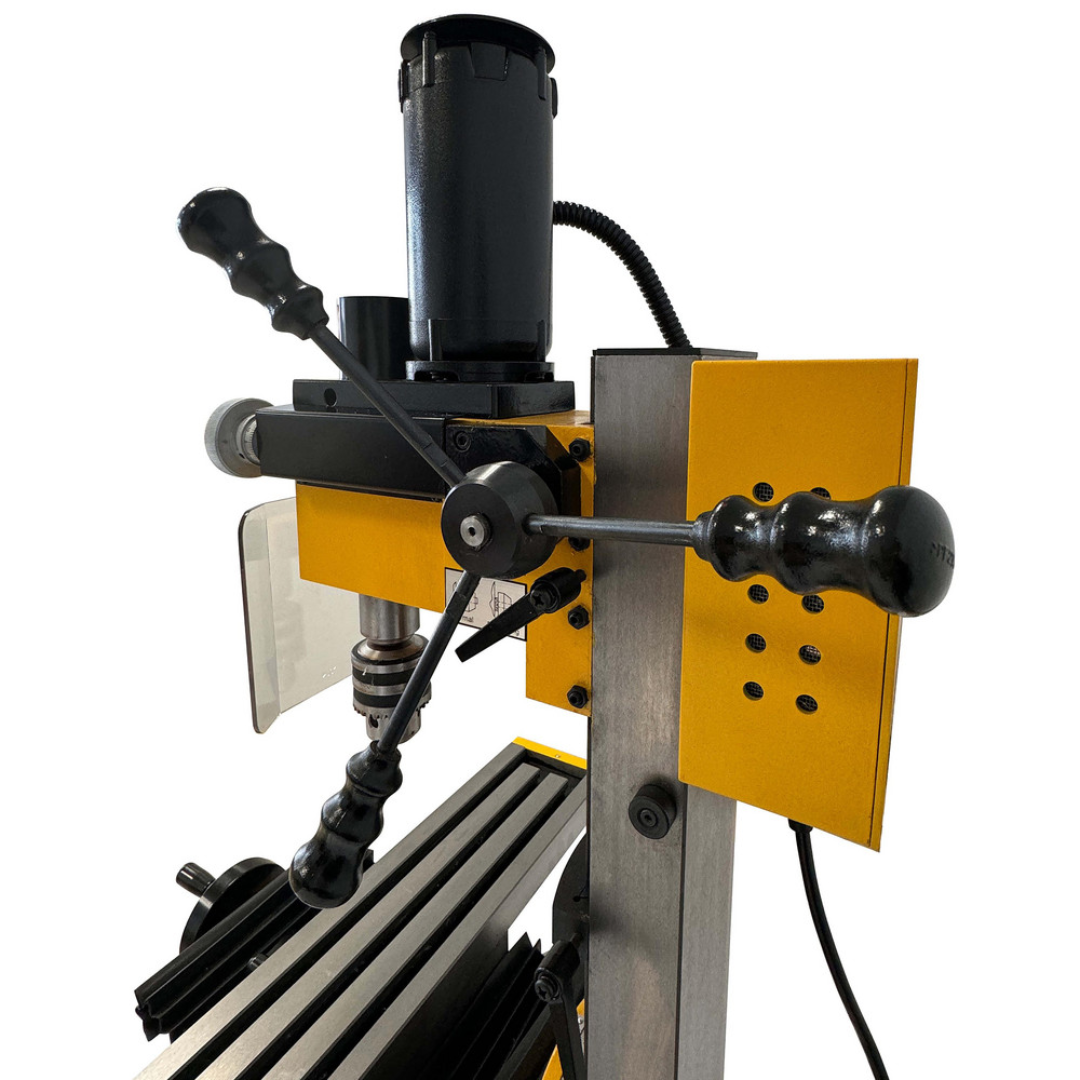 Enco 18" X 5" Compact Milling Drilling Machine, Various Speed, 110V X2 side detail highlighting the table feed controls, column, and milling head adjustment mechanism.