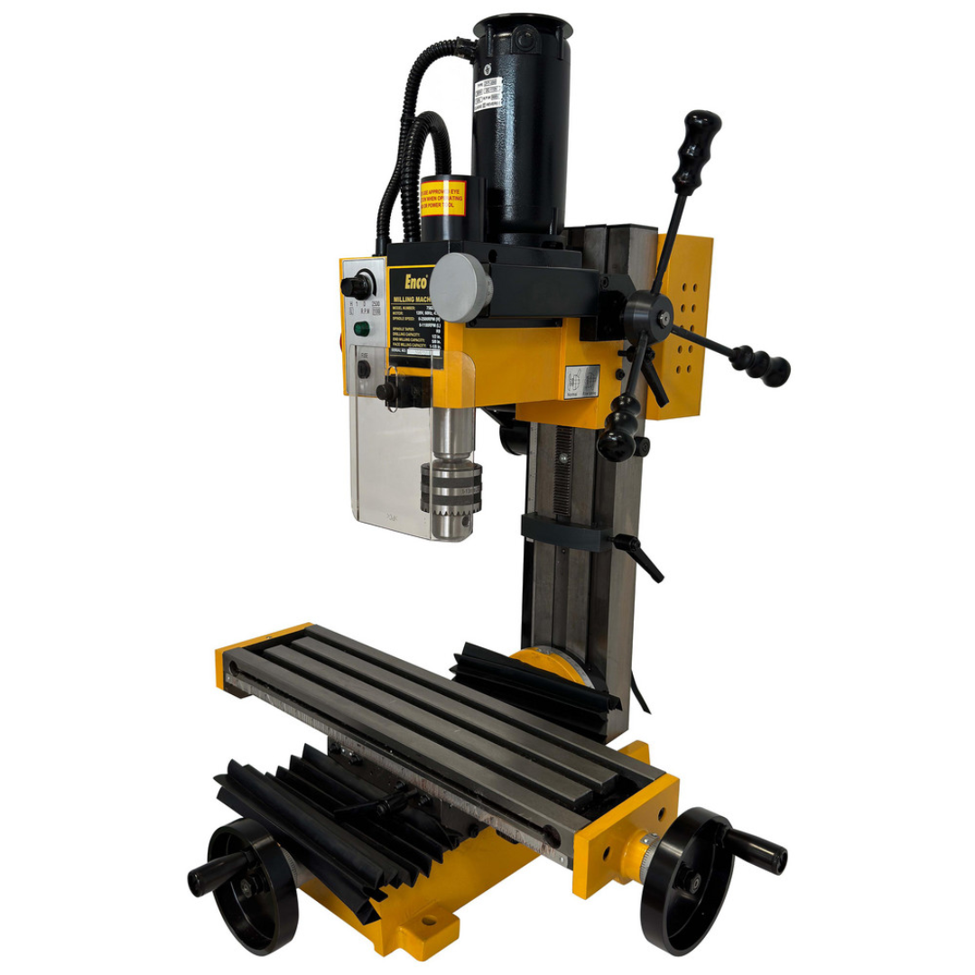 Enco 18" X 5" Compact Milling Drilling Machine, Various Speed, 110V X2 side perspective displaying the milling column, adjustable table, and compact machining footprint.