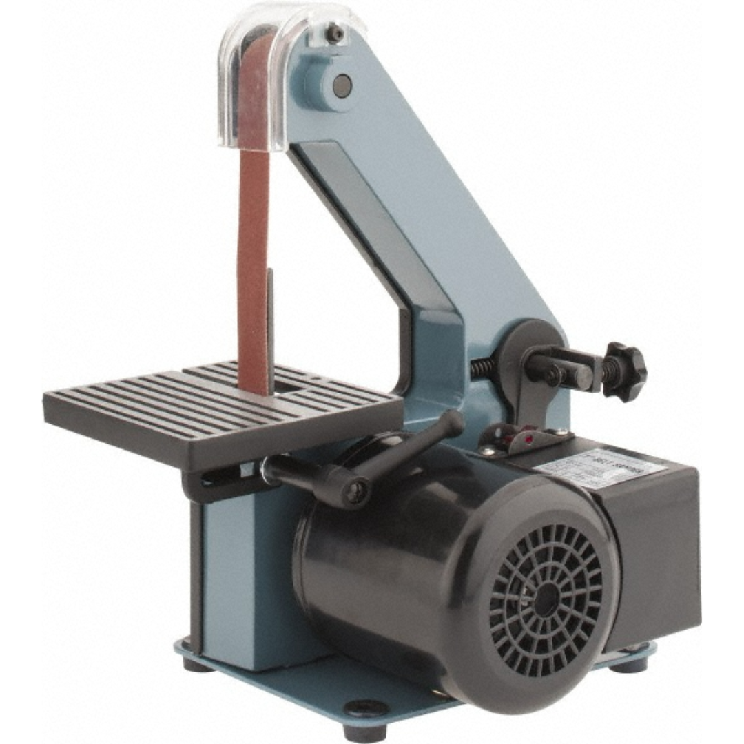 Enco 30" x 1" Belt Sanding Machine 163-4831 front angled view featuring the 30-inch by 1-inch abrasive belt, adjustable work table, heavy-duty motor, and compact benchtop sanding design for precision metalworking and finishing.