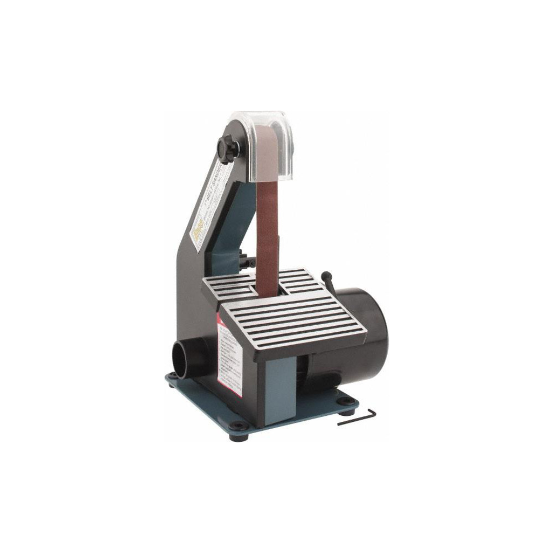 Enco 30" x 1" Belt Sanding Machine 163-4831 side perspective showing the belt sanding assembly, adjustable platen, cast metal base, and industrial benchtop construction for grinding, deburring, and surface finishing applications.