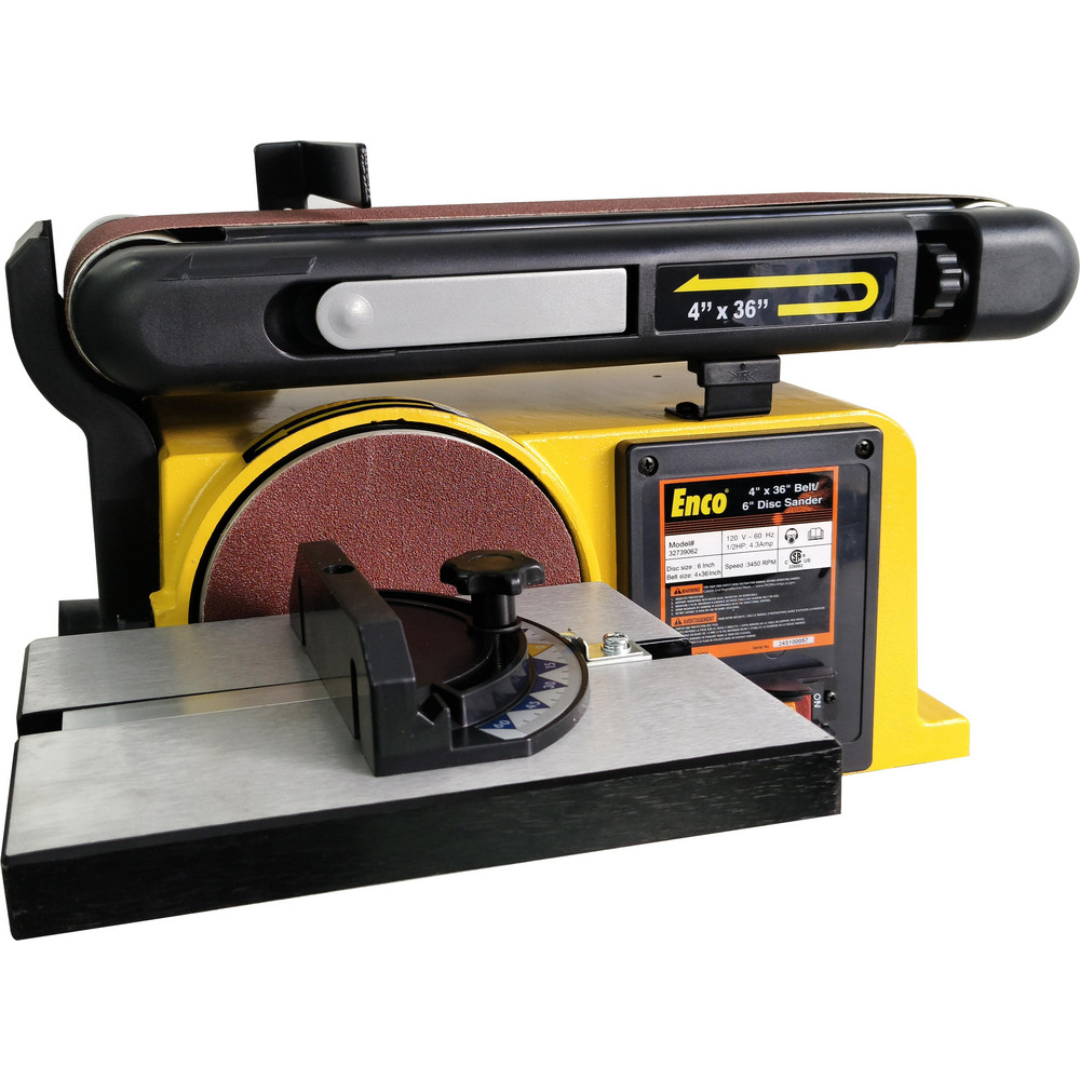 Enco 36" x 4" Horizontal & Vertical Combination Sanding Machine: 6" Disc Dia MM491G angled perspective showing the combination belt and disc sanding system with adjustable table and durable benchtop construction.