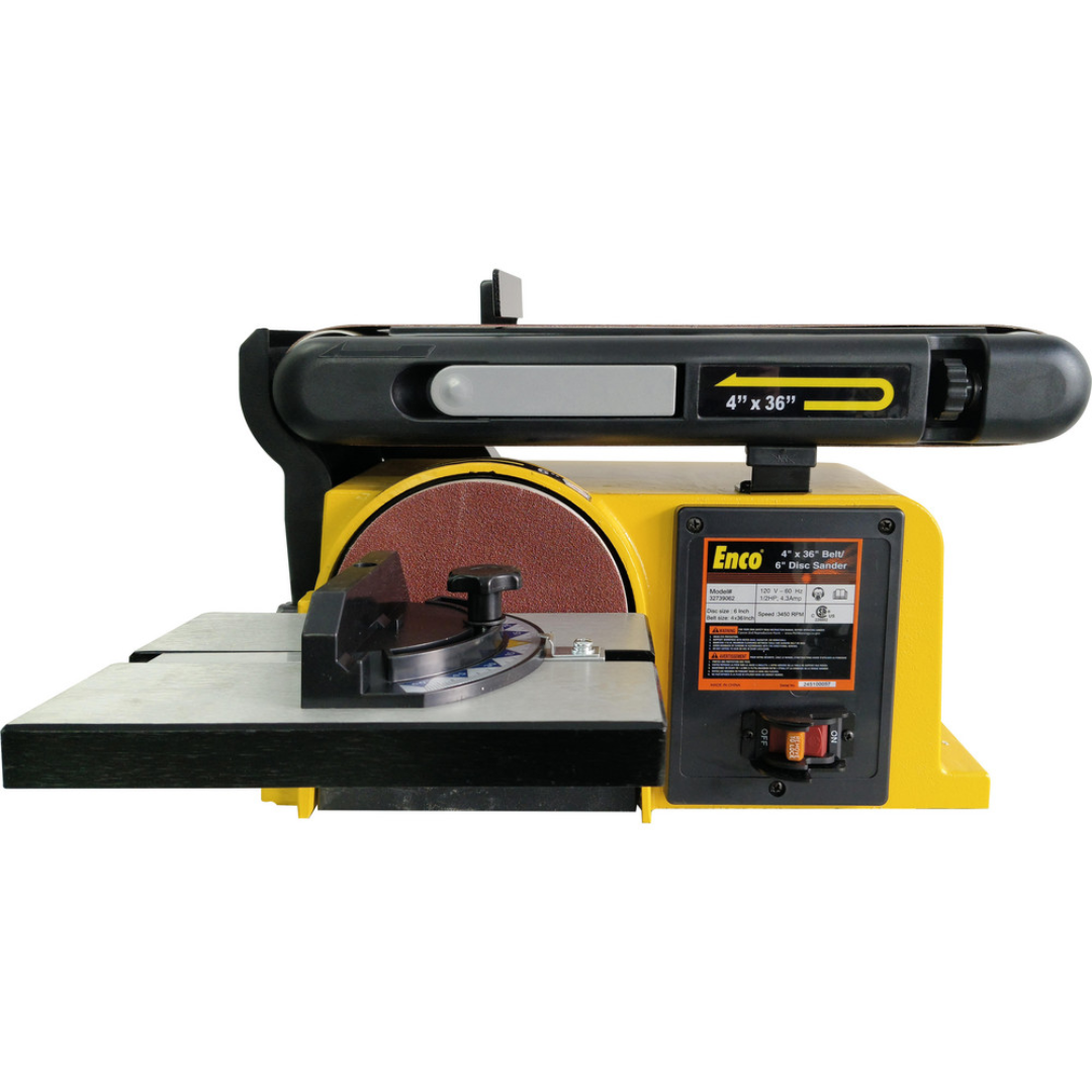 Enco 36" x 4" Horizontal & Vertical Combination Sanding Machine: 6" Disc Dia MM491G front view highlighting the horizontal belt sanding configuration, 6-inch sanding disc, and precision work table for grinding and finishing applications.