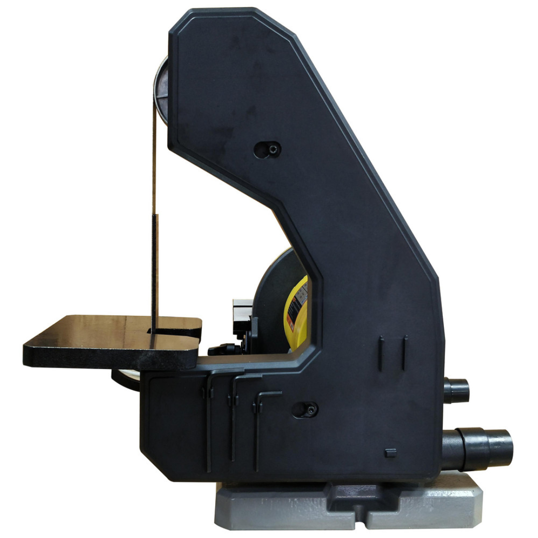 Enco 42" x 1" Vertical Combination Sanding Machine: 8" Disc Dia BD1801 close-up of the disc sanding table and vertical belt assembly for detailed finishing applications.