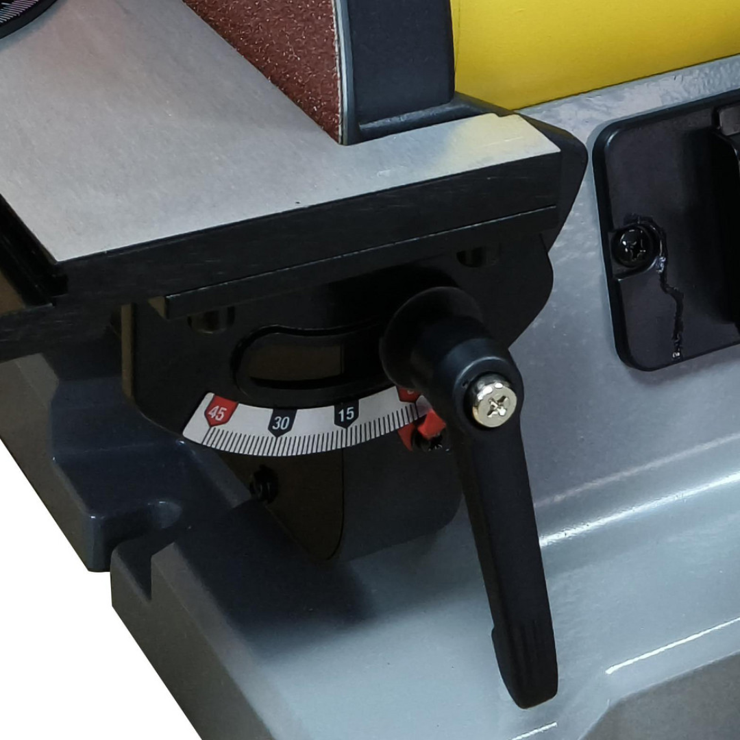 Enco 42" x 1" Vertical Combination Sanding Machine: 8" Disc Dia BD1801 close-up of the sanding belt tracking and tension adjustment assembly showing the precision tracking mechanism for accurate belt alignment and consistent sanding performance.