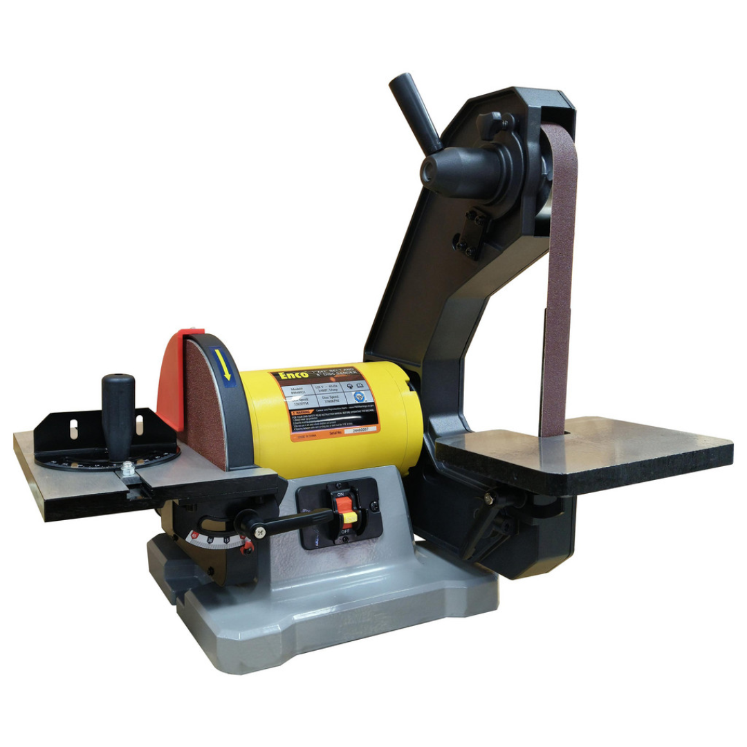 Enco 42" x 1" Vertical Combination Sanding Machine: 8" Disc Dia BD1801 front angled view featuring the vertical 1" × 42" belt sander, 8" sanding disc, adjustable work tables, and heavy-duty benchtop construction for precision sanding and finishing.