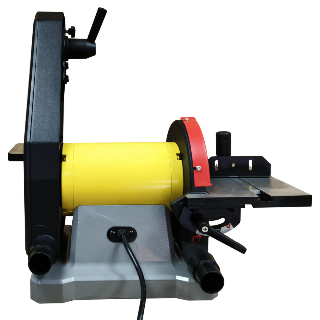 Enco 42" x 1" Vertical Combination Sanding Machine: 8" Disc Dia BD1801 rear angled view displaying the drive system, sanding belt tracking assembly, and heavy-duty frame construction.