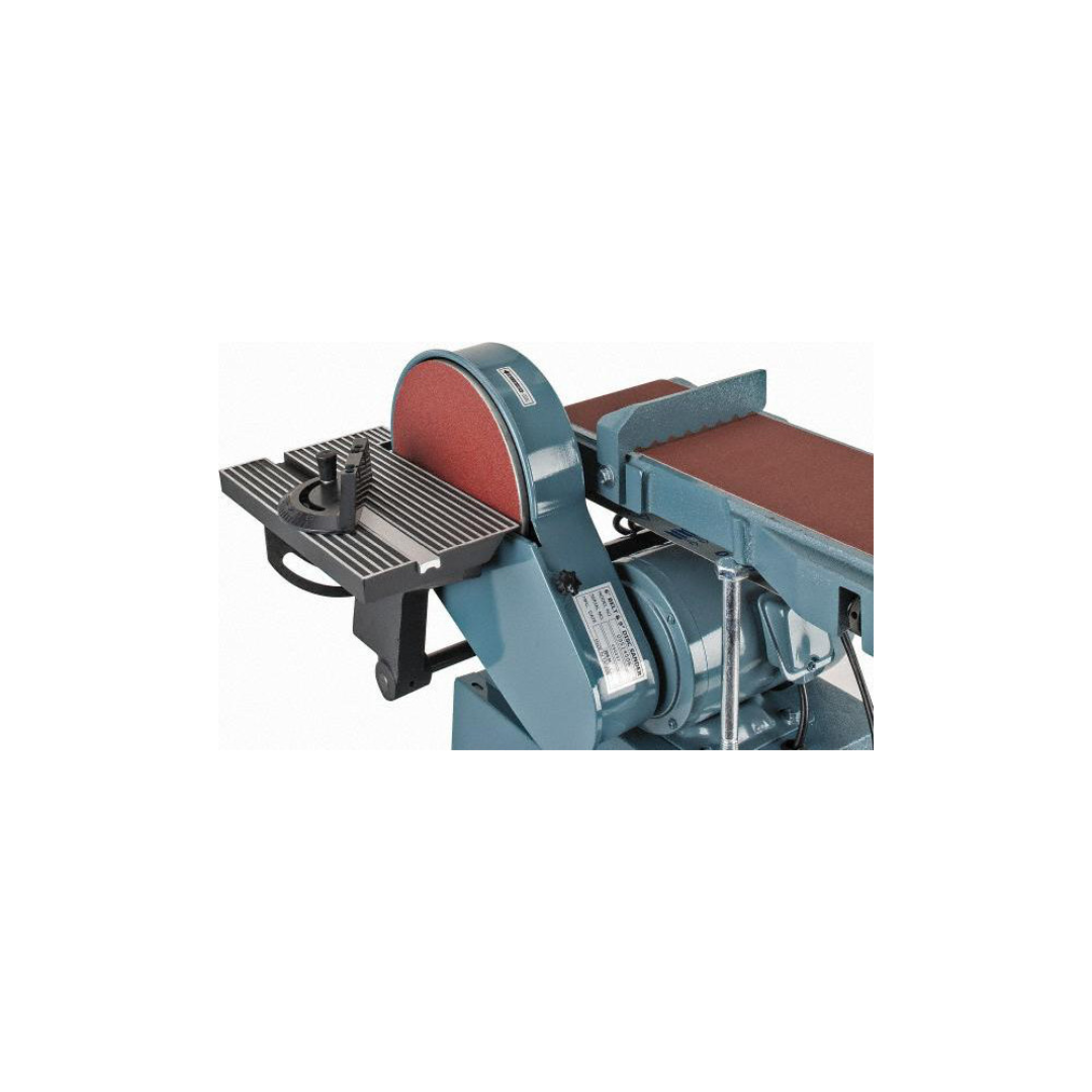 Enco 48" x 6" Combination Sanding Machine: 9" Disc Dia AS-609 close-up angled view highlighting the 9-inch sanding disc, 6" × 48" abrasive belt, adjustable work table, and durable metalworking construction.