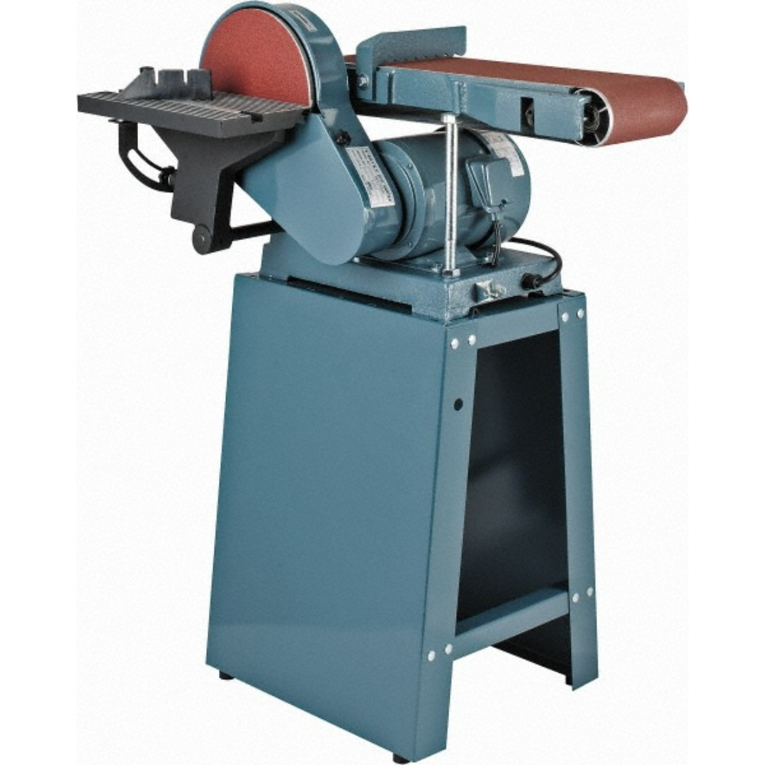 Enco 48" x 6" Combination Sanding Machine: 9" Disc Dia AS-609 front angled view featuring the 6" × 48" belt sander, 9" sanding disc, pedestal stand, adjustable work tables, and heavy-duty industrial construction for grinding, deburring, and finishing applications.