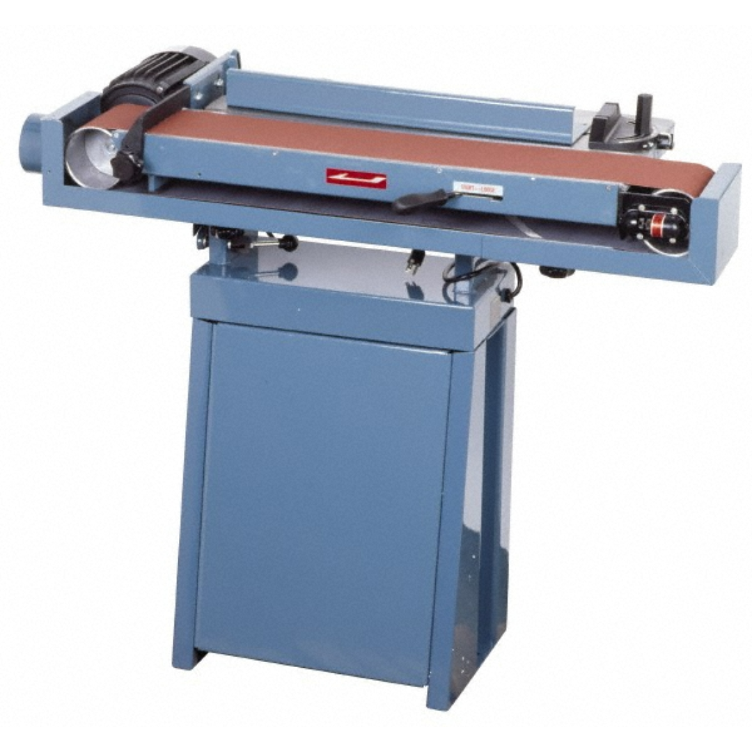 Enco 89" x 6" Belt Sanding Machine 163-6089 front angled view featuring the 6" × 89" abrasive belt, heavy-duty pedestal stand, industrial drive motor, adjustable belt sanding assembly, and floor-mounted design for metalworking, deburring, grinding, and surface finishing applications.