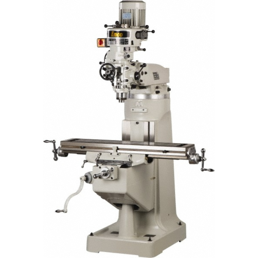 Enco 9 x 42" Knee Milling Machine: 3.00 hp, Step Pulley, Single Phase 942-PH1-E front angled view featuring the precision vertical knee milling machine with a 9" × 42" work table, step pulley drive head, R8 spindle, adjustable milling head, and heavy-duty cast iron construction for drilling, milling, boring, and precision machining applications.
