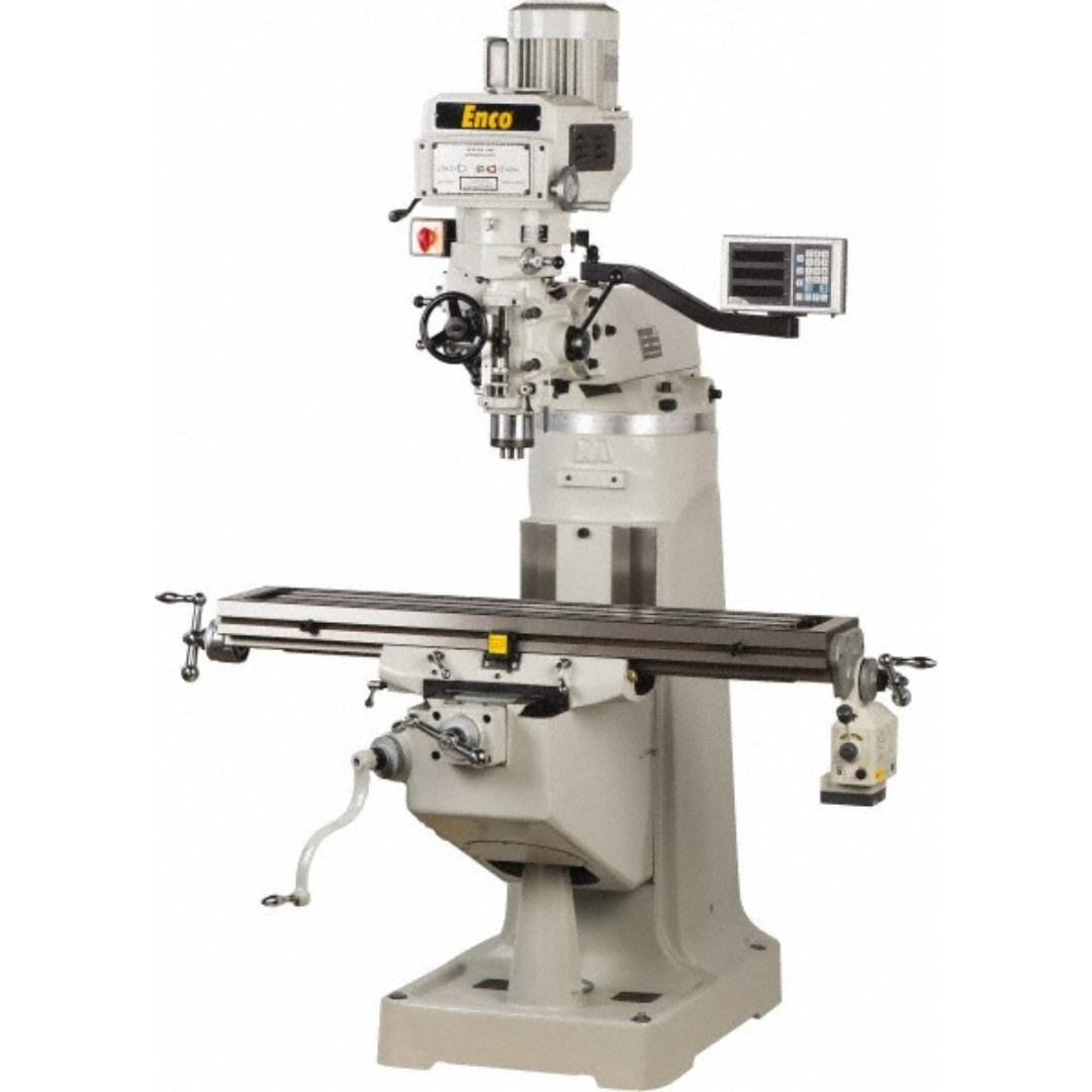 Enco 9 x 49" Knee Milling Machine: 2.00 hp, Variable Speed Pulley, Three Phase 100-1599 XPF-F3AXQ front angled view featuring the precision vertical knee milling machine with 9" × 49" work table, variable speed pulley head, digital readout display, X-axis power feed, and industrial cast iron construction for precision machining applications.