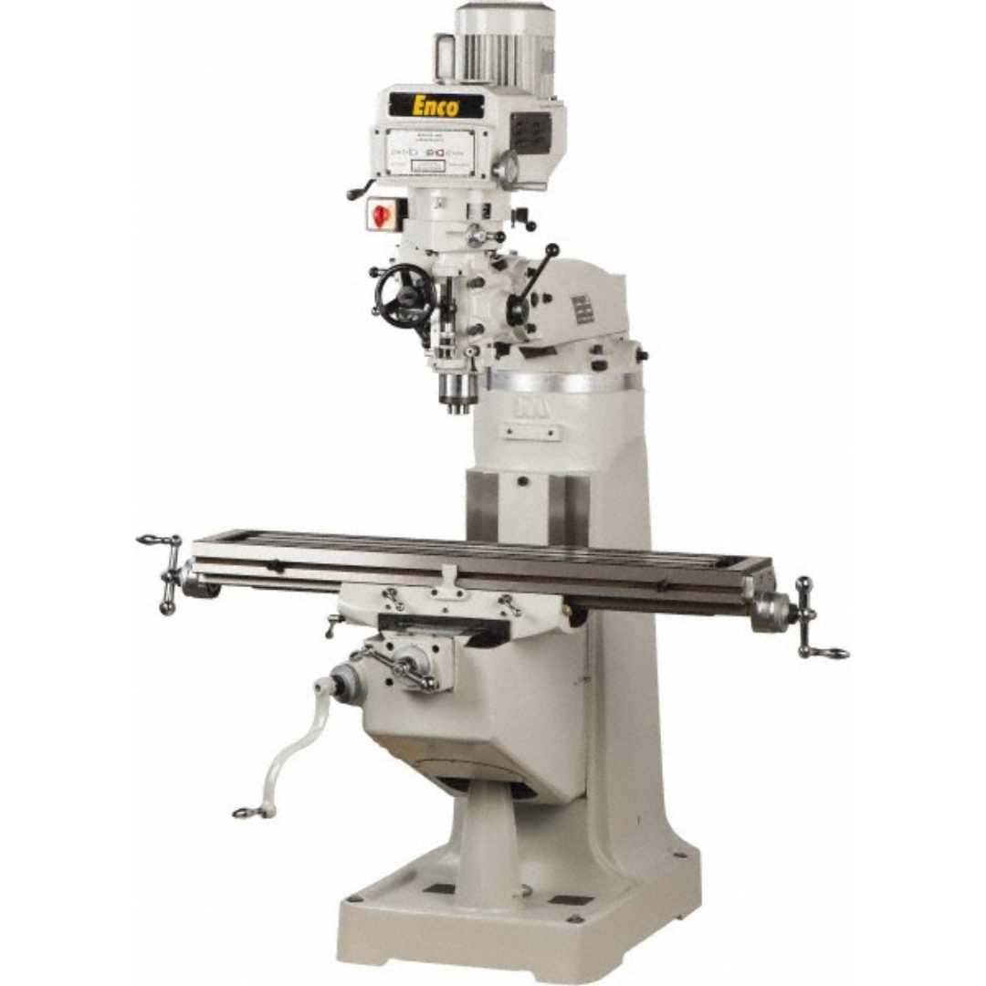 Enco 9 x 49" Knee Milling Machine: 3.00 hp, Variable Speed Pulley, Three Phase 949-PH3-E front angled view featuring the precision vertical knee milling machine, 9" × 49" work table, variable speed pulley head, R8 spindle, and heavy-duty industrial base designed for drilling, milling, boring, and precision machining applications.
