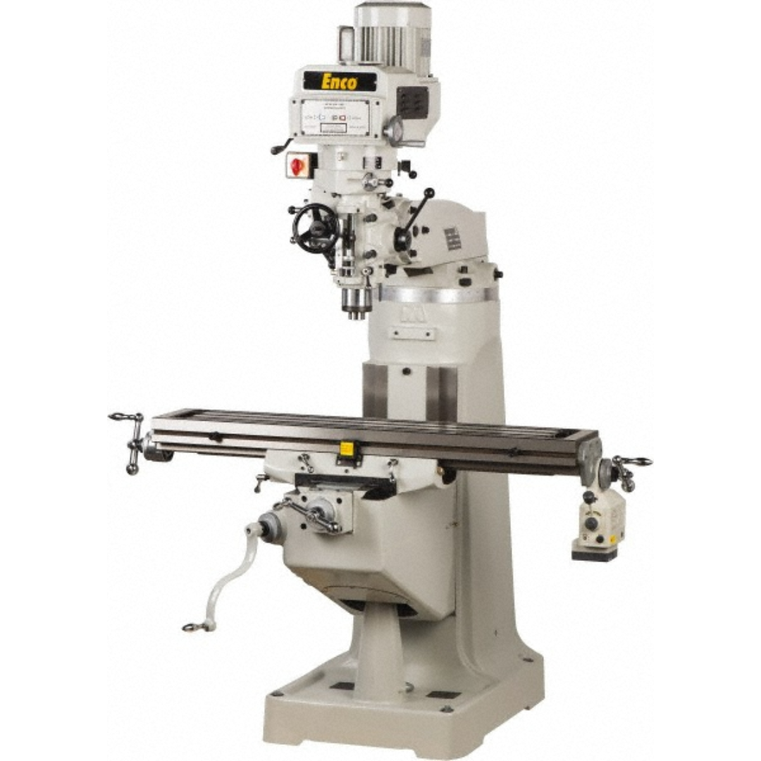 Enco 9 x 49" Knee Milling Machine 505-6790 with precision vertical milling head, R8 spindle, power feed, heavy-duty cast iron knee, 9 x 49 inch worktable, and industrial construction for accurate milling, drilling, boring, facing, and metalworking applications.