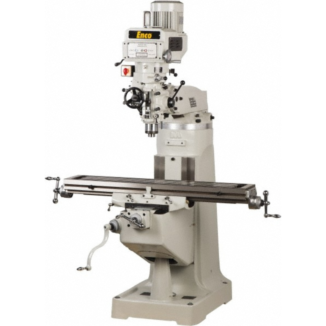 Enco 9 x 49" Knee Milling Machine 949-PH1-E with 3 HP variable speed pulley drive, R8 spindle, precision vertical knee mill, heavy-duty cast iron construction, and 9 x 49 inch worktable for industrial milling, drilling, boring, and metalworking applications.