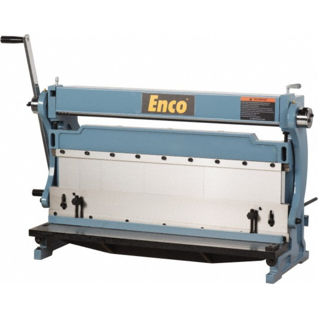 Enco Combination Roller, Shear & Brake Machines 3710033IN1/760 front angled view featuring the heavy-duty 3-in-1 sheet metal machine with integrated slip roll, box and pan brake, shear, manual operating handles, and rugged benchtop construction for fabrication and metalworking applications.