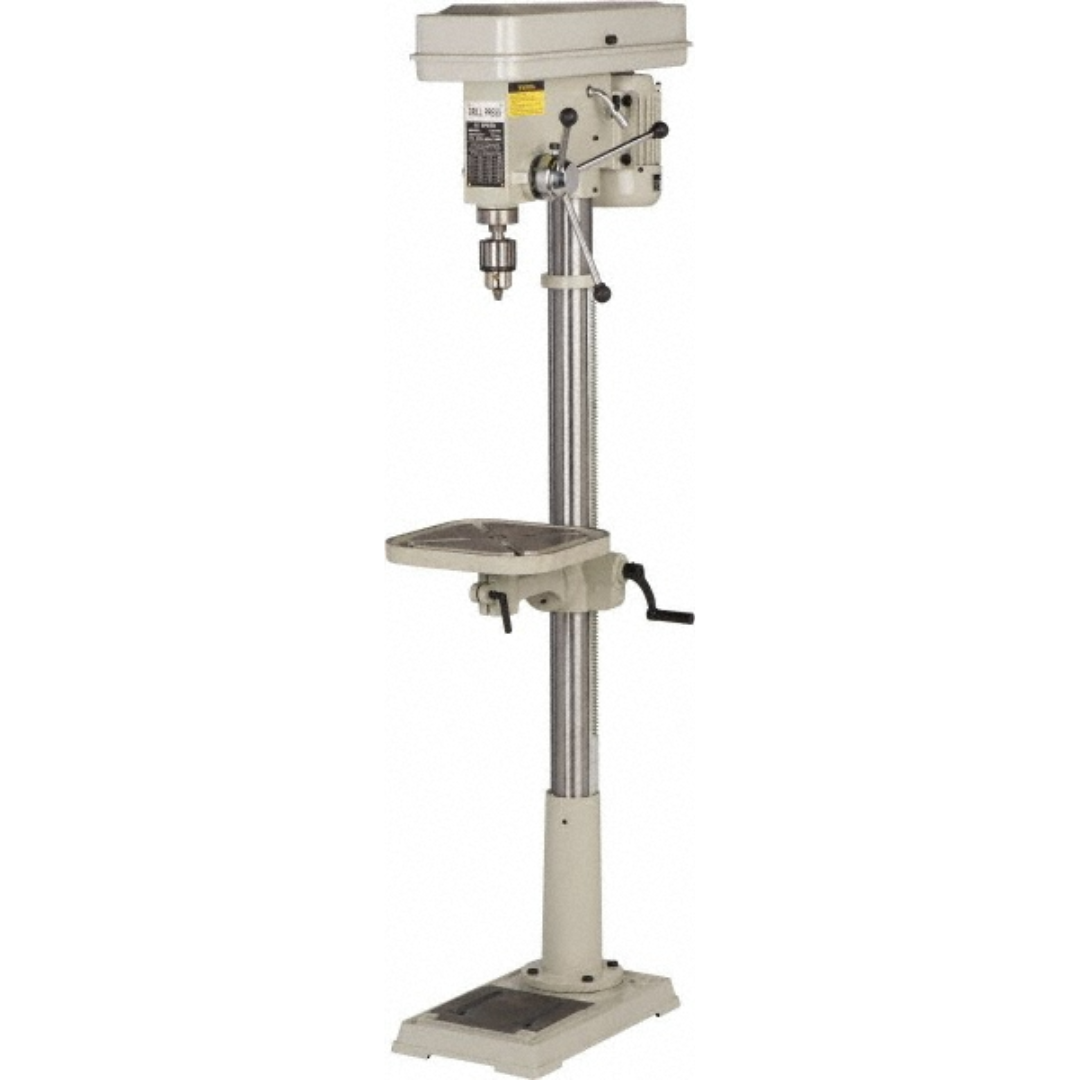 Enco Floor Drill Press: 13.6220" Swing, 3/4 hp, Step Pulley Drive, 115 V, 1 Phase ZJ5120 front angled view featuring the floor-mounted drill press, precision drill chuck, adjustable cast iron work table, step pulley drive system, feed handles, and heavy-duty column designed for accurate drilling and fabrication applications.