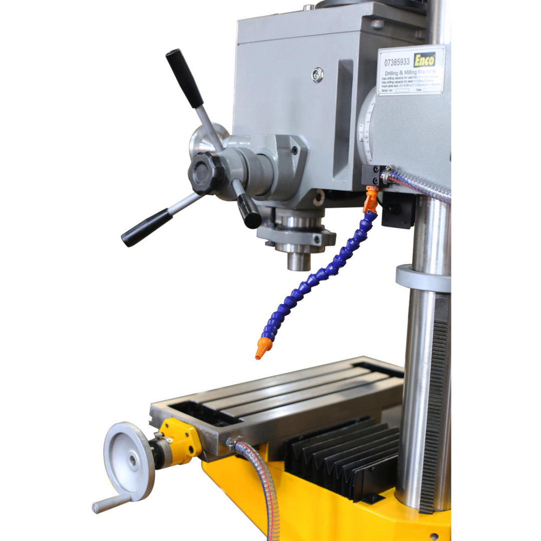 Enco Floor Drill Press: Geared Head, 1-3/5" Swing ZX40H close-up showing the spindle assembly, feed handles, and precision drilling head.