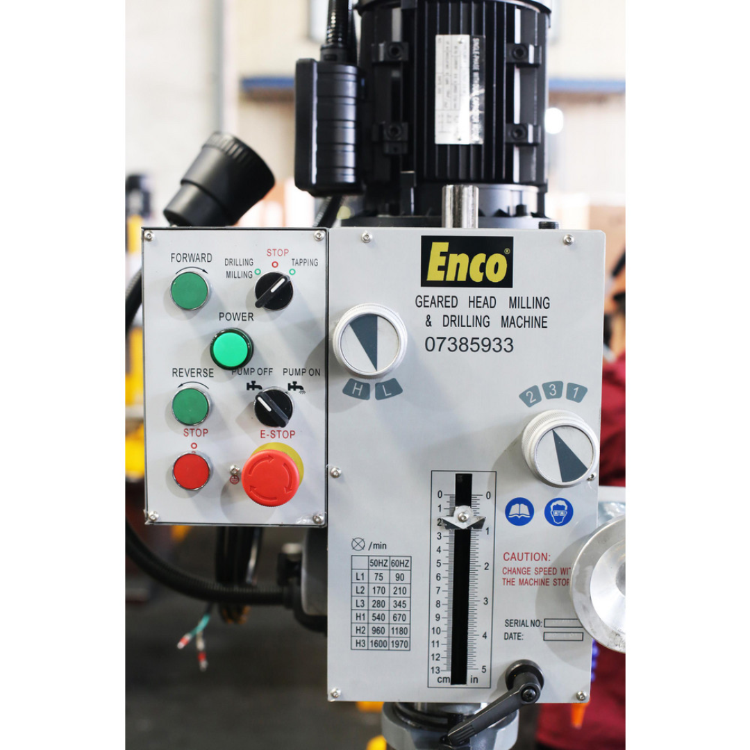 Enco Floor Drill Press: Geared Head, 1-3/5" Swing ZX40H control panel detail featuring machine controls, spindle speed selectors, and operator interface.