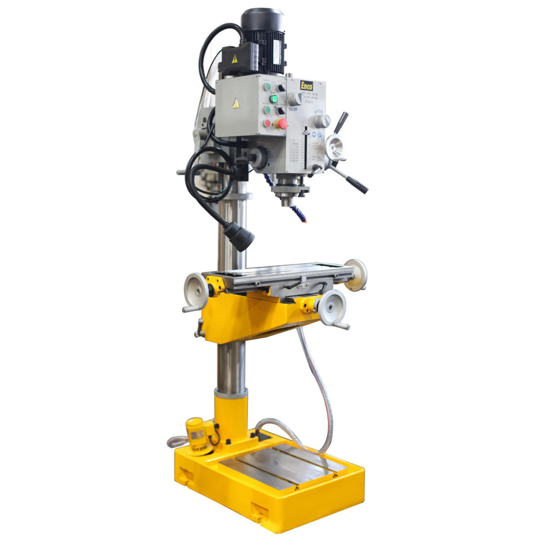 Enco Floor Drill Press: Geared Head, 1-3/5" Swing ZX40H front angled view featuring the geared head floor drill press, precision work table, heavy-duty column, manual feed controls, and industrial floor-standing construction for drilling and tapping applications.