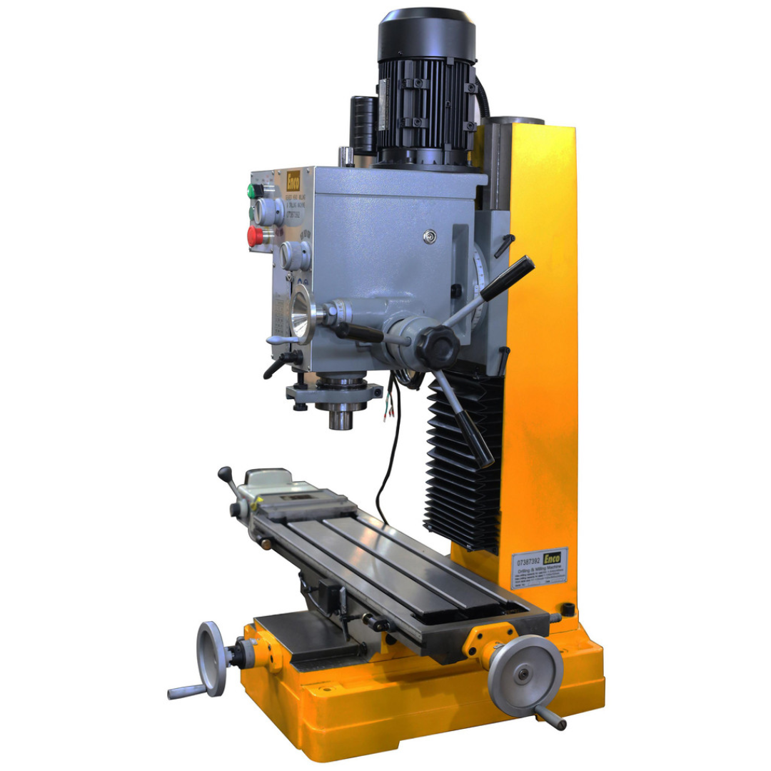 Enco HD Benchtop Mill/Drill with Power Feed & Tapping: 10" x 32" 2 HP ZX45 angled side view highlighting the rigid column, adjustable milling head, precision X-Y table, and heavy-duty construction.