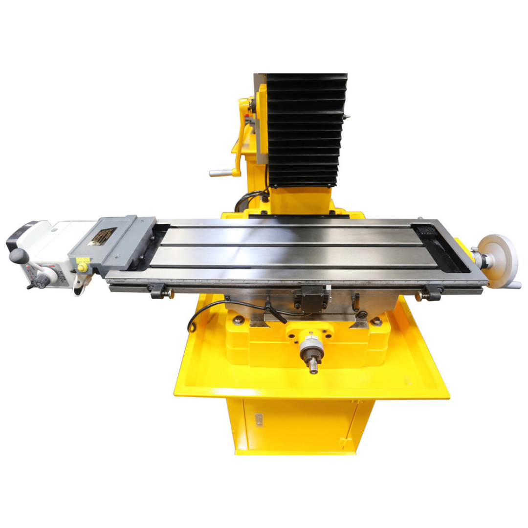 Enco Mill Drill Machines ZX7045 precision worktable with T-slots and adjustable milling platform for accurate workpiece positioning and machining.