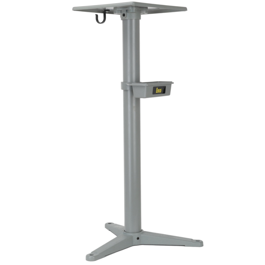 Enco Pedestal Stand GS-B angled view highlighting the durable steel pedestal construction, stable tripod base, adjustable support bracket, and compact industrial design for mounting drill presses and other shop equipment.