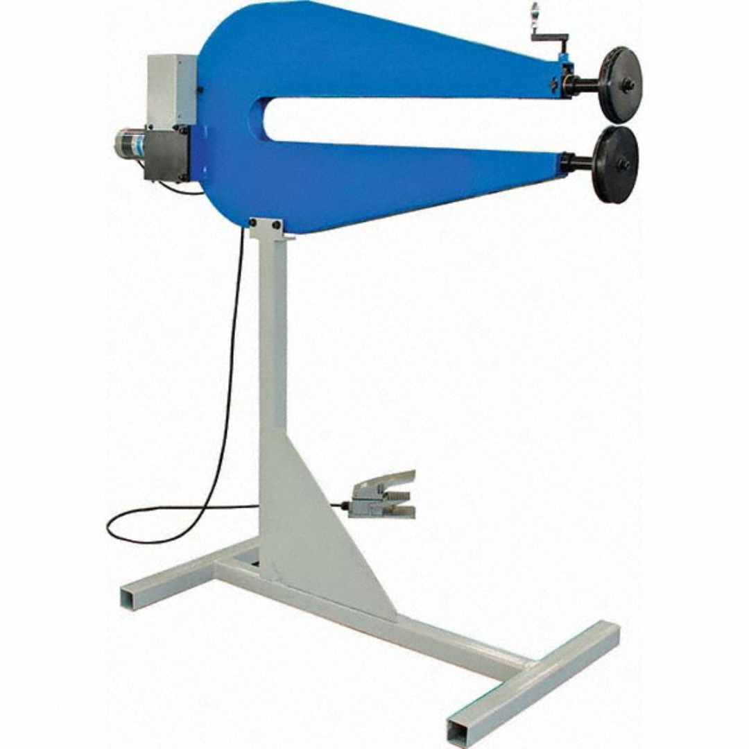 Enco Rotary Machines 383826 powered rotary machine with heavy-duty floor stand, dual drive wheels, foot pedal control, and durable industrial construction for precision metal forming, rolling, and fabrication applications.