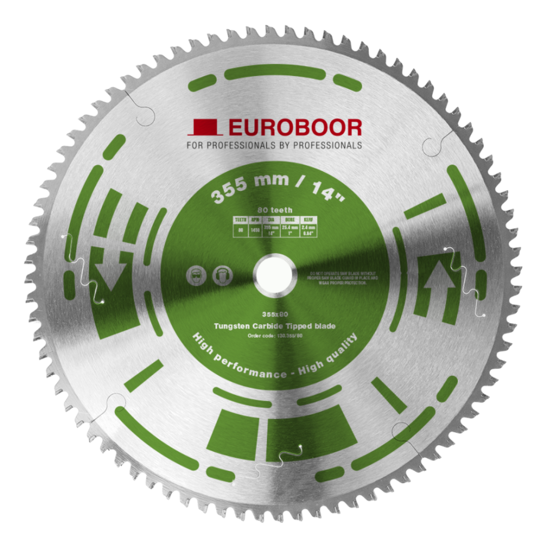 Euroboor 130.355/80 Saw Blade 355 mm tungsten carbide tipped circular saw blade with 80 teeth designed for precise cutting of steel and metal materials