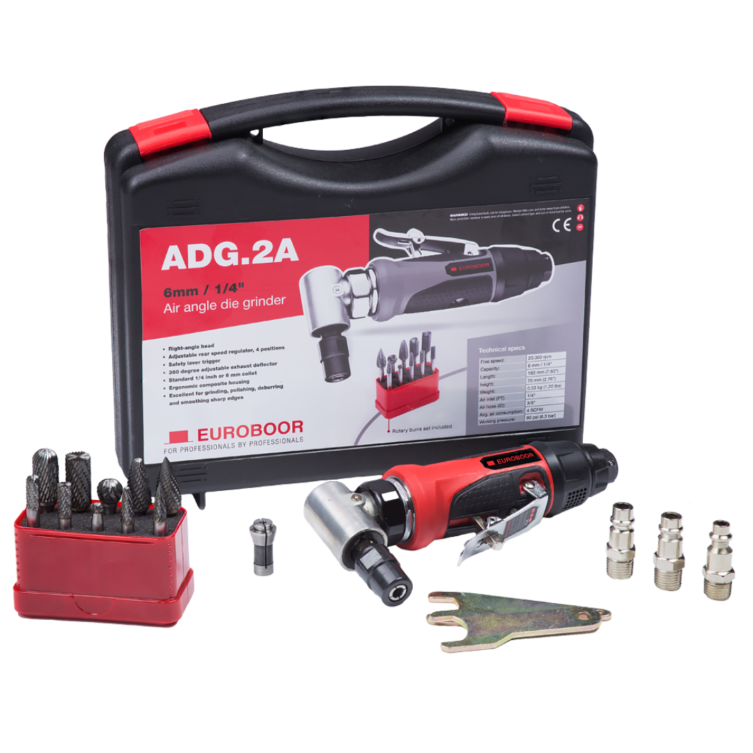 Euroboor ADG.2A Air Die Grinder kit displayed in a protective carrying case including the angle air die grinder, rotary burrs, collets, wrenches, and pneumatic connectors for professional metal grinding applications