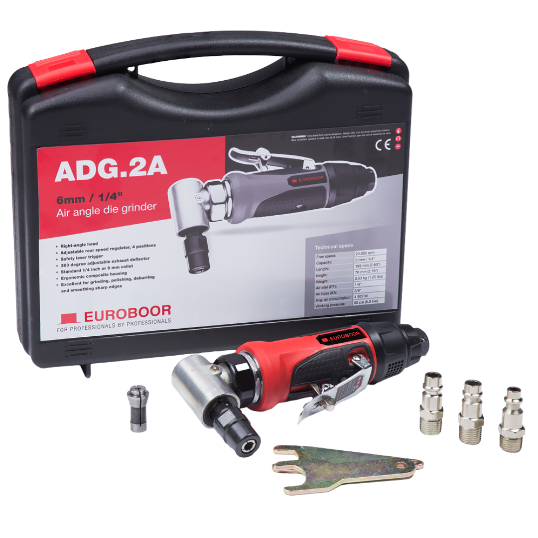 Euroboor ADG.2A Air Die Grinder portable pneumatic angle grinder kit shown inside a transport case with accessories for grinding, deburring, and polishing metal components