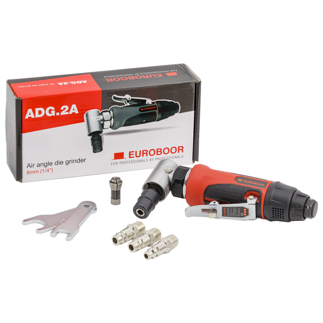 Euroboor ADG.2A Air Die Grinder set with rotary burrs, tool accessories, and packaging designed for industrial metalworking and fabrication environments